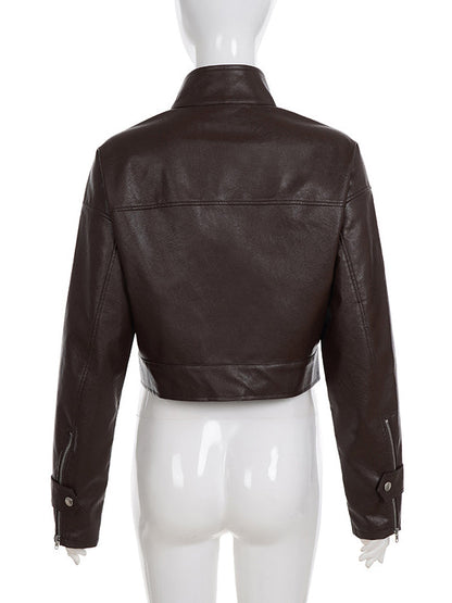 BUYCO Female Zipper PU Trench Collar Buttons Jackets
