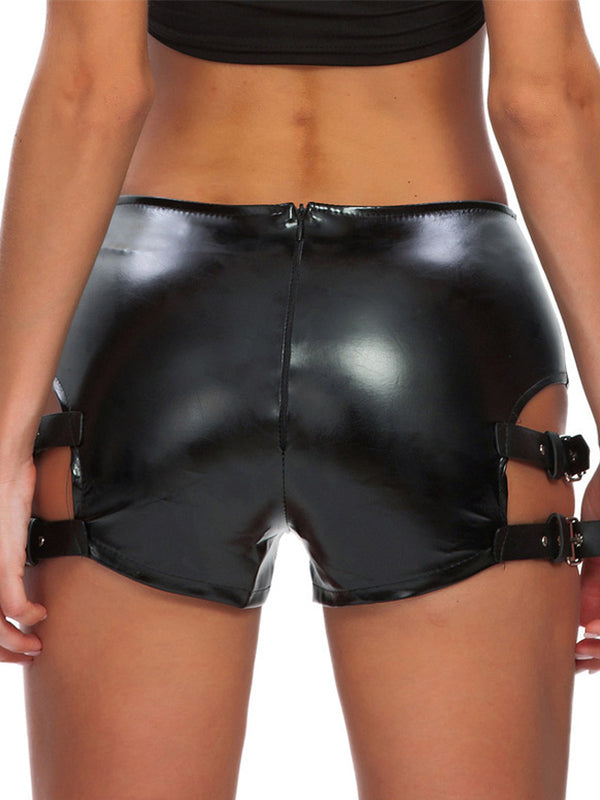 BUYCO Female Fitted Faux Leather Hollow Out with Metal Fit Shorts