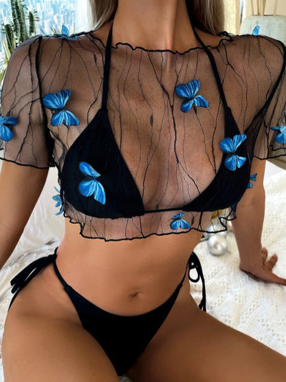 BUYCO Female Fitted Mesh Butterfly Print 3 Pieces Lace-up Bikini Set