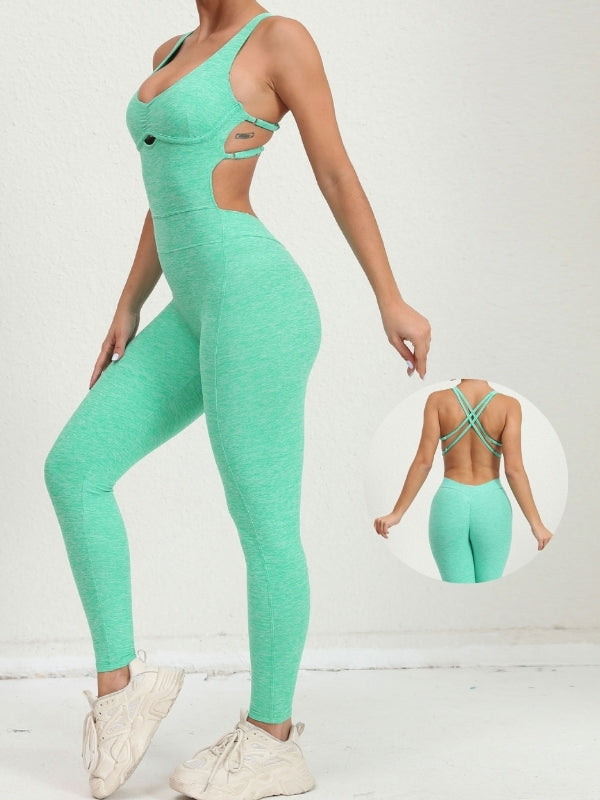 BUYCO Female Cross Back Ruched Back Adjustable Straps Jumpsuit