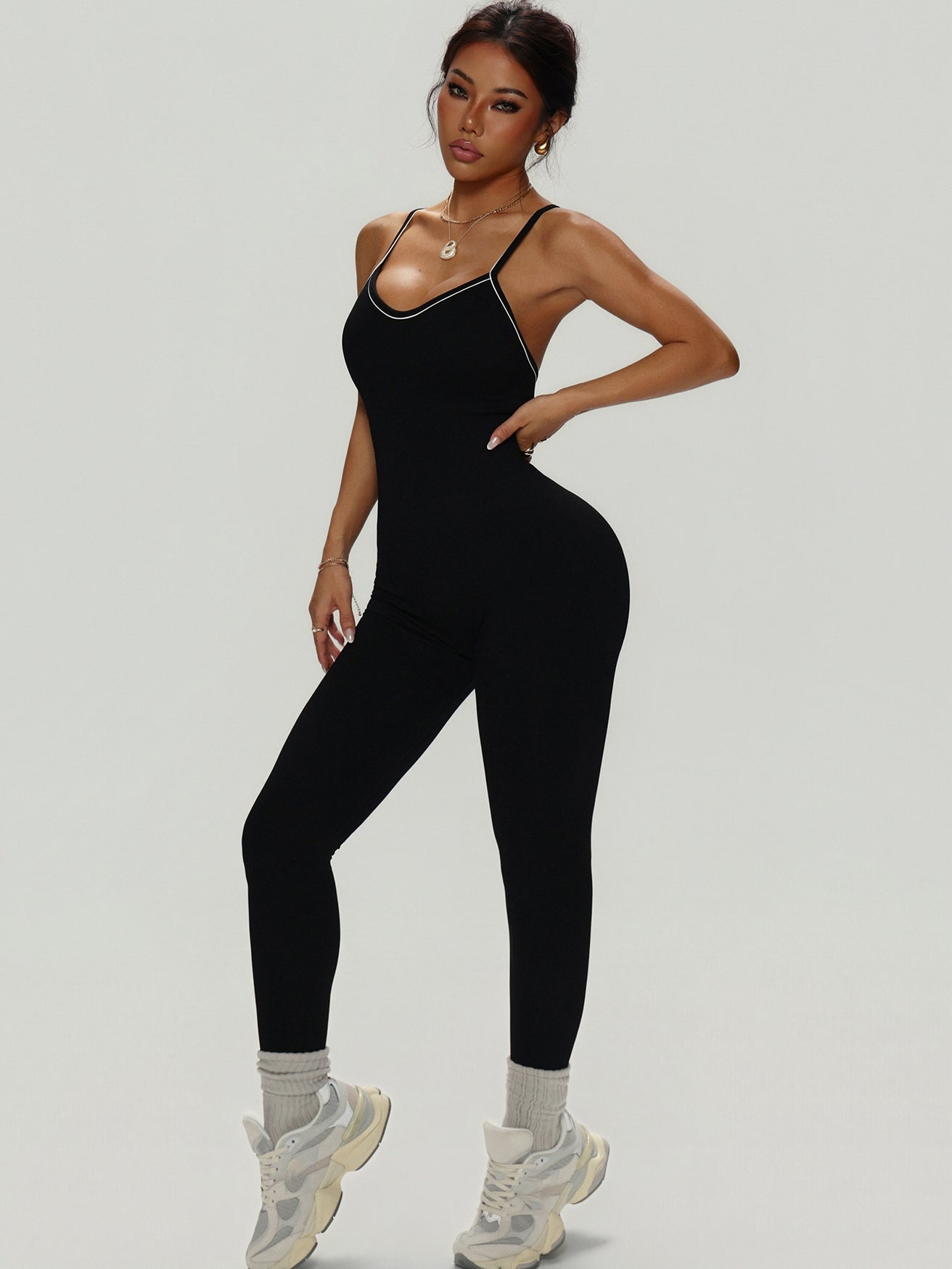 BUYCO Female Fitted Cross Back Contrast Color Elastic Tight Quick Dry Jumpsuit