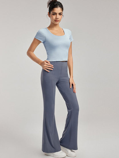 BUYCO Female Hollow Out Backless U Collar Ribbed Short Sleeves