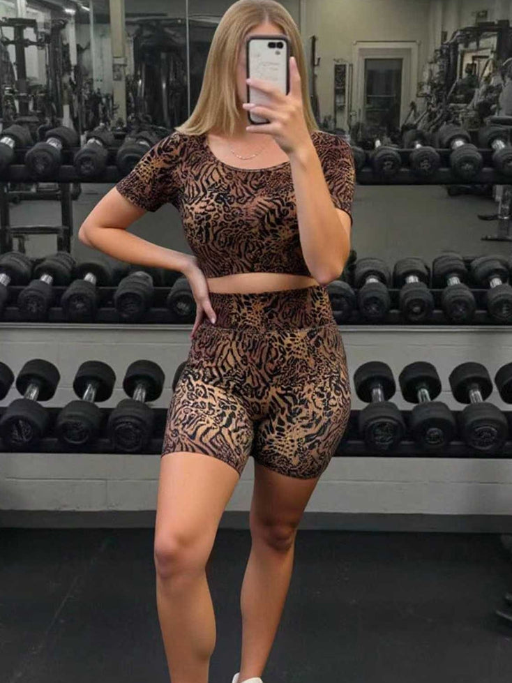 BUYCO Female Leopard Print U Collar Short Tracksuit