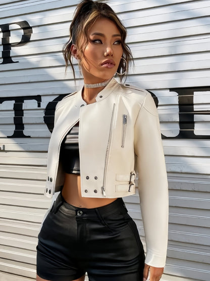 BUYCO Female Zipper PU With Metal Buttons Faux Leather Jackets