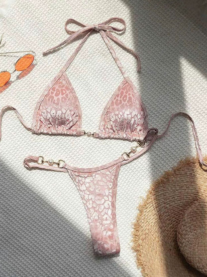 BUYCO Female Leopard Print Glossy Coral Fleece Pearl Beach Bikini Set