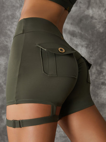 BUYCO Female Unique Cut Out Pocket Mesh Ruched Back Spandex Gym Fit Shorts