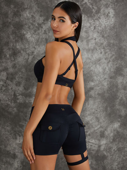 BUYCO Female Unique Cut Out Pocket Mesh Ruched Back Spandex Gym Fit Shorts