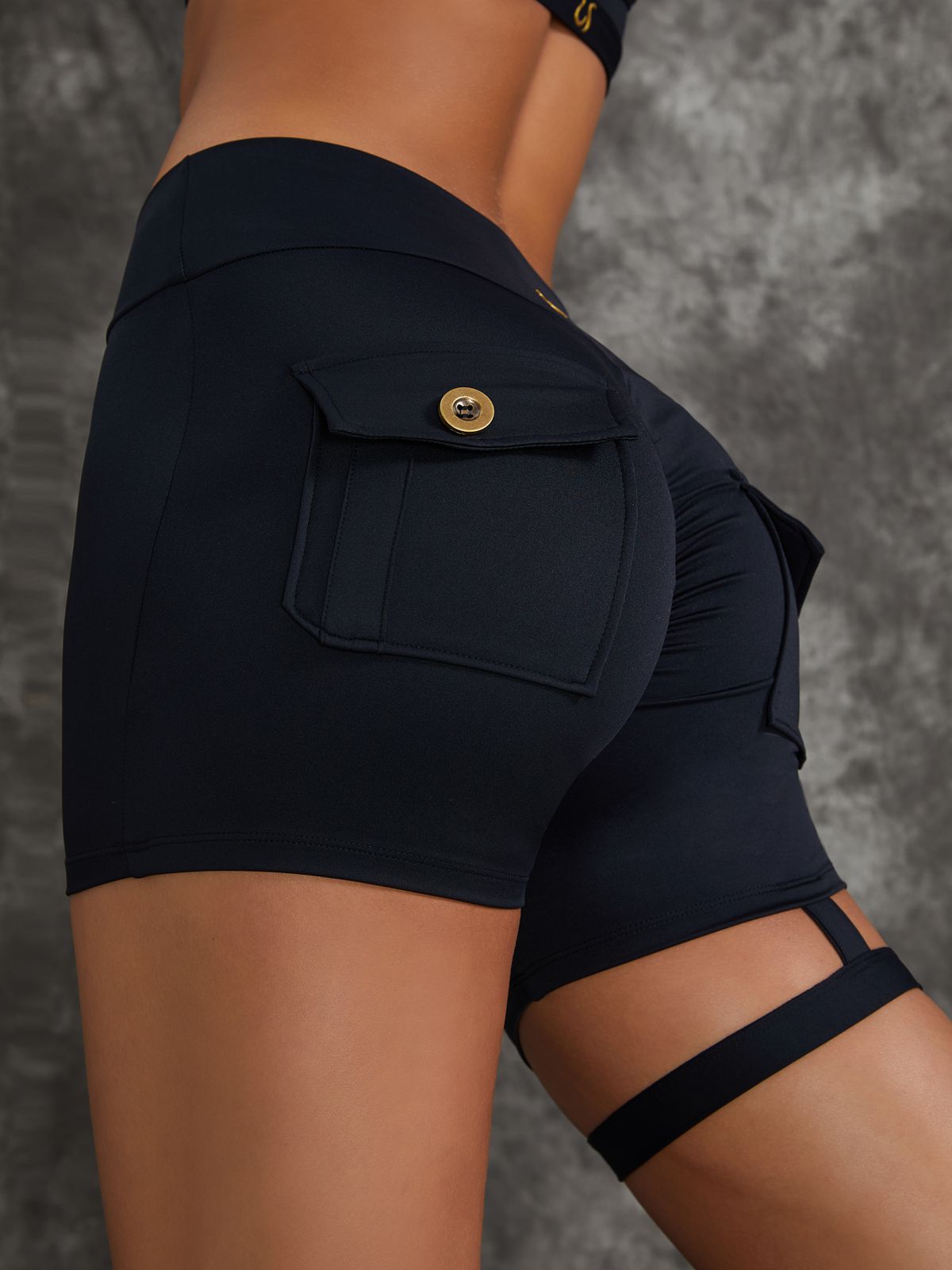 BUYCO Female Unique Cut Out Pocket Mesh Ruched Back Spandex Gym Fit Shorts
