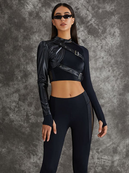 BUYCO Female PU Net Thumbholes High-rise Hip-lift Sportswear