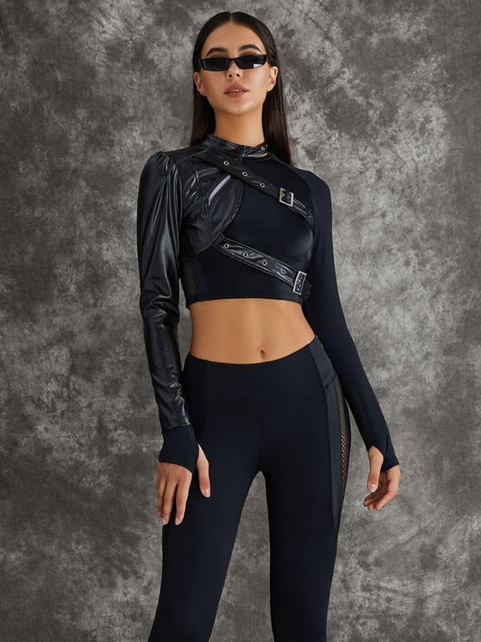 BUYCO Female PU Net Thumbholes High-rise Hip-lift Sportswear