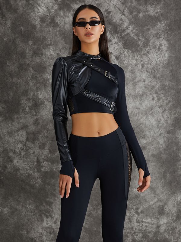 BUYCO Female PU Net Thumbholes High-rise Hip-lift Leggings