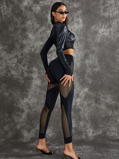 BUYCO Female PU Net Thumbholes High-rise Hip-lift Sportswear