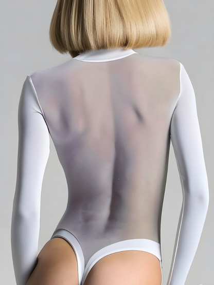 BUYCO Female Fitted Deep V See-Through Mesh Patchwork Long Sleeve Bodysuit
