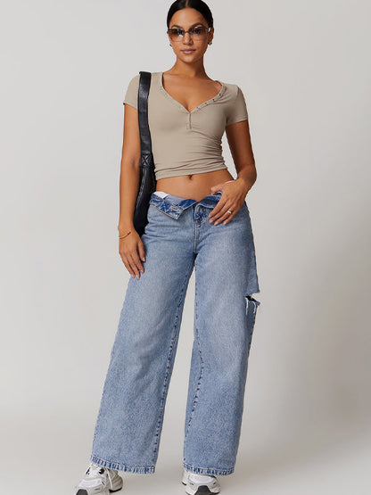 BUYCO Female V-neck Quick Dry Buttons Yoga Short Sleeves