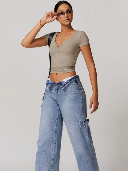 BUYCO Female V-neck Quick Dry Buttons Yoga Short Sleeves