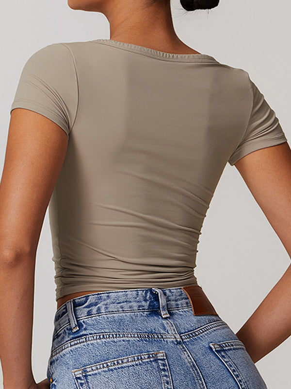 BUYCO Female V-neck Quick Dry Buttons Yoga Short Sleeves