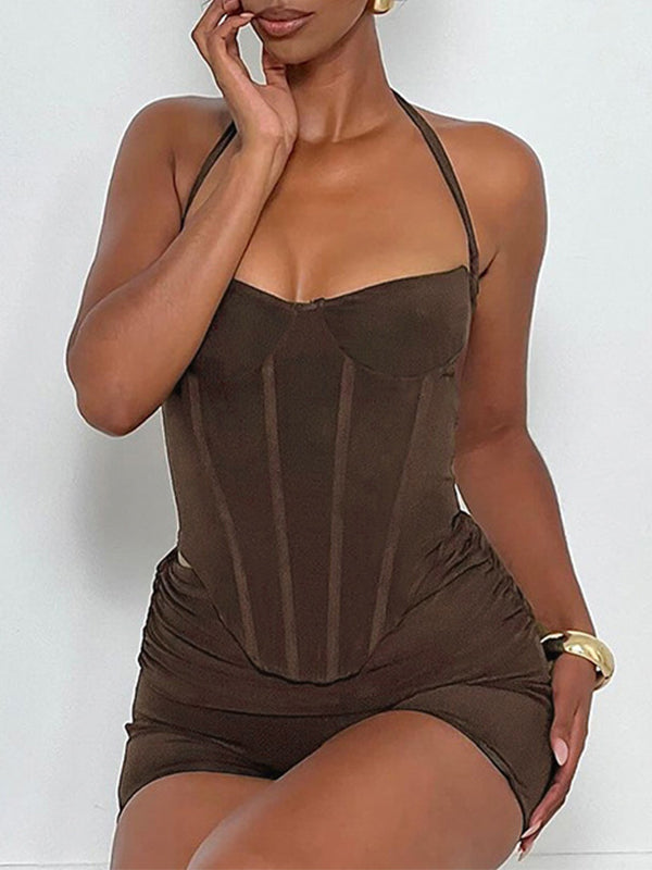 BUYCO Female Elastic Tight Halter Backless Short Tracksuit
