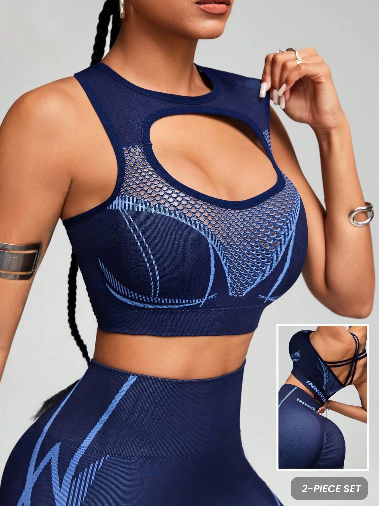 BUYCO Female Contrast Color Hollow Out Cross Back Fishnet Push Up Design Tracksuit
