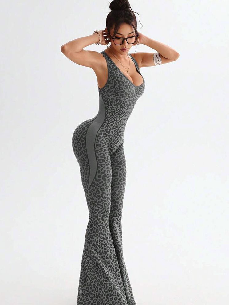 BUYCO Female Fitted Leopard Print Hollow Out Cross Back Deep V Back Jumpsuit