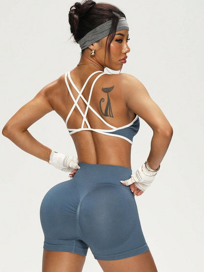 BUYCO Female Contrast Color Cross Back Elastic Tight Short Tracksuit