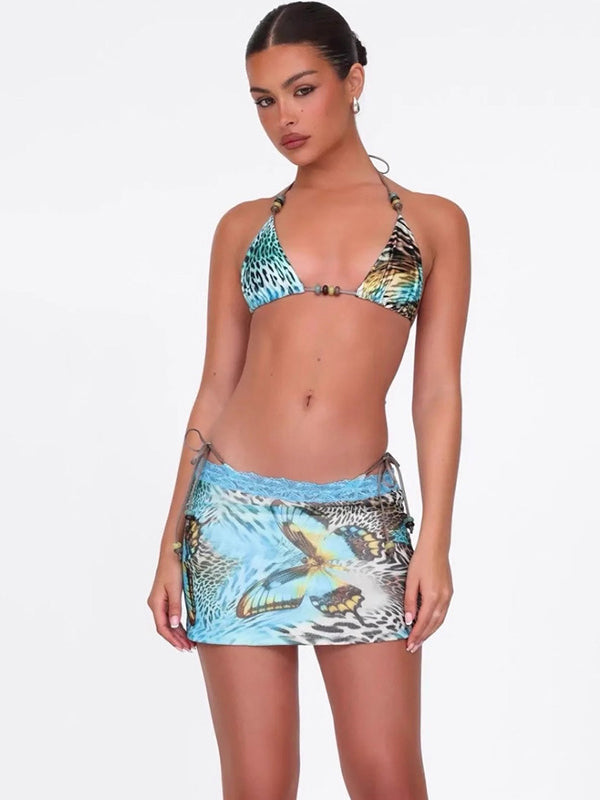 BUYCO Female Fitted Leopard Butterfly Print Mesh 3-Pieces Lace-up Bikini Set