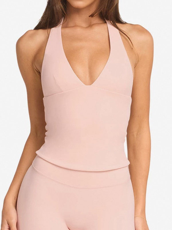 BUYCO Female Solid Color V-neck Halter Backless with Chest Pads Quick Dry Tank