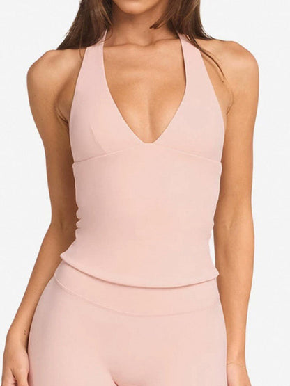 BUYCO Female Solid Color V-neck Halter Backless with Chest Pads Quick Dry Tank