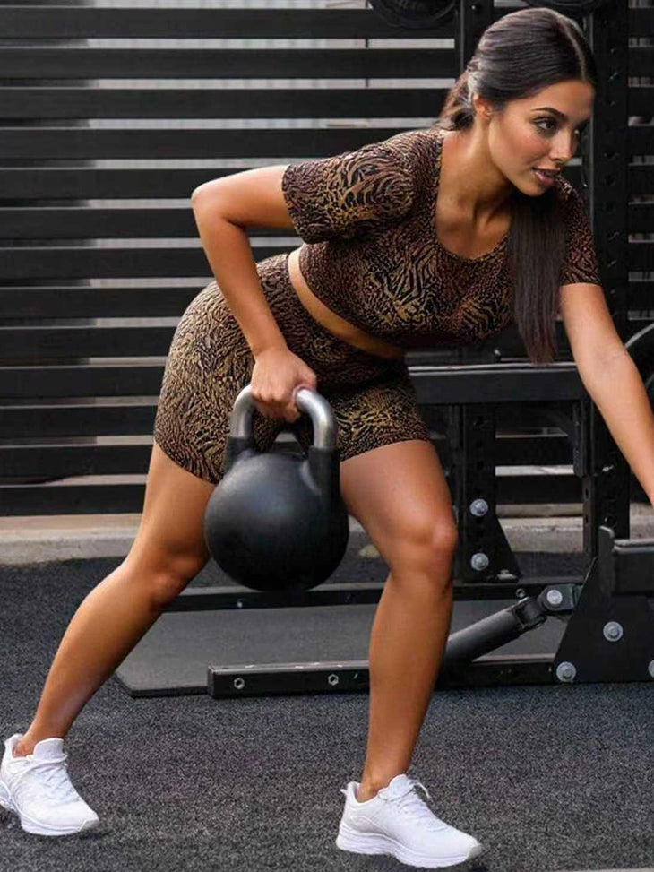 BUYCO Female Leopard Print U Collar Short Tracksuit