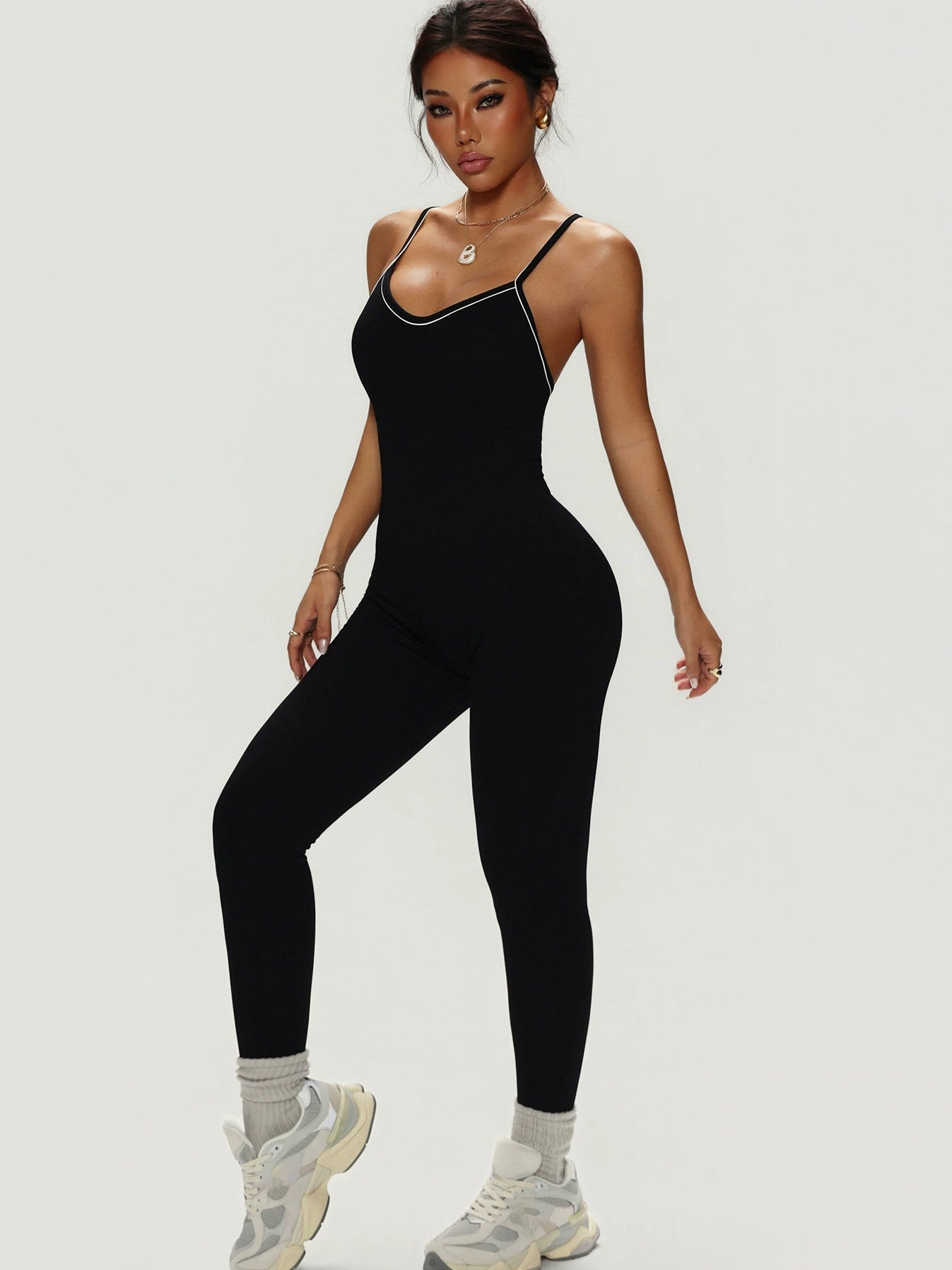 BUYCO Female Fitted Cross Back Contrast Color Elastic Tight Quick Dry Jumpsuit