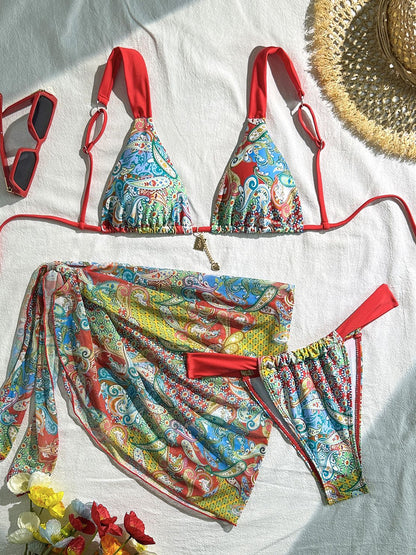 BUYCO Female Fitted Flowers Print Contrast Color Mesh 3-Pieces Bikini Set