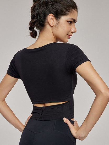 BUYCO Female Hollow Out Backless U Collar Ribbed Short Sleeves