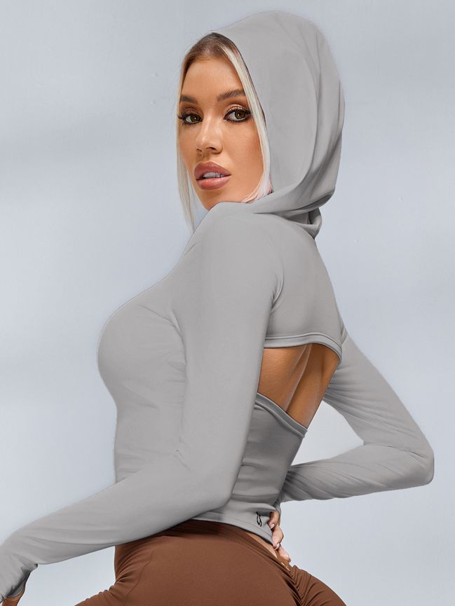 BUYCO Female Solid Color Hollow Out Hooded Elastic Tight Long Sleeves