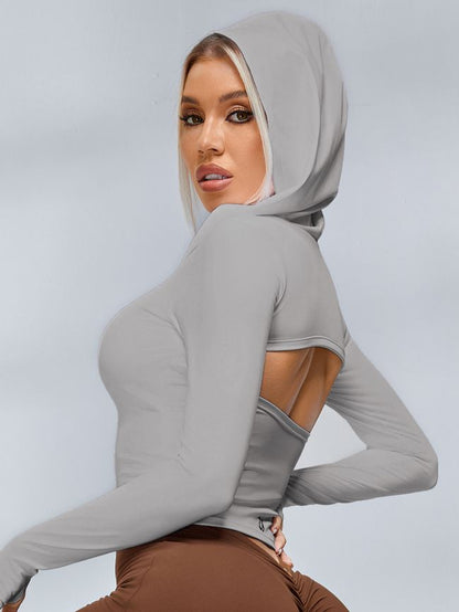 BUYCO Female Solid Color Hollow Out Hooded Elastic Tight Long Sleeves