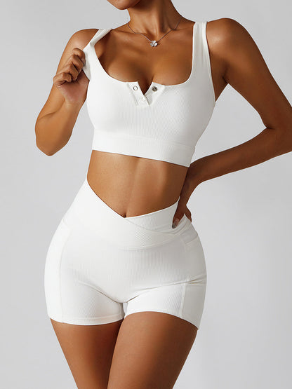BUYCO Female Pocket Ribbed V-shape Waist Button Short Tracksuits X ANECHKAANNN ⭐