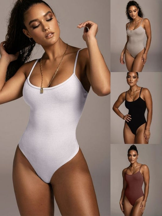 BUYCO Female Sleeveless Ribbed Adjustable Straps Short Bodysuit