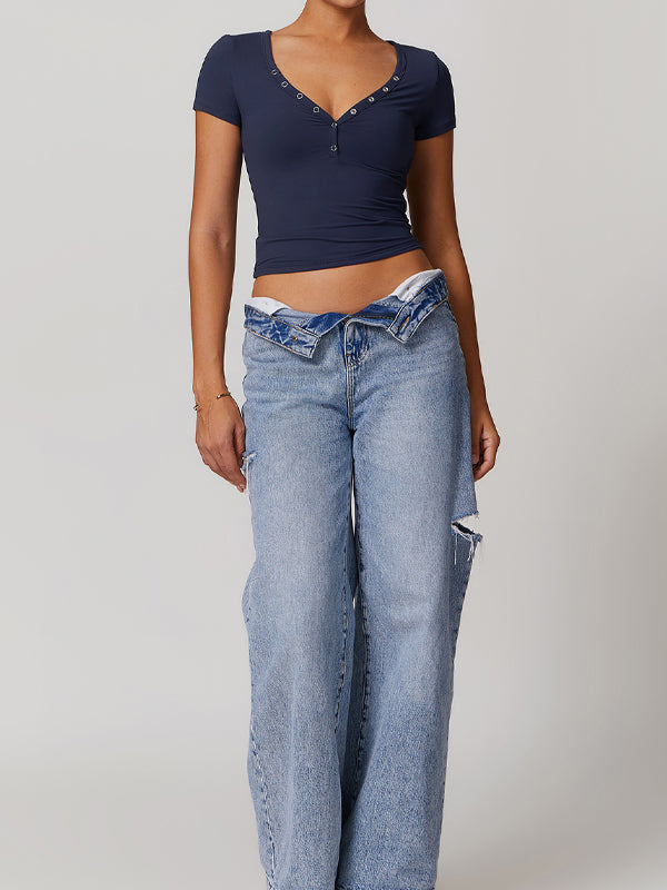 BUYCO Female V-neck Quick Dry Buttons Yoga Short Sleeves