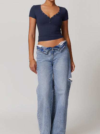 BUYCO Female V-neck Quick Dry Buttons Yoga Short Sleeves