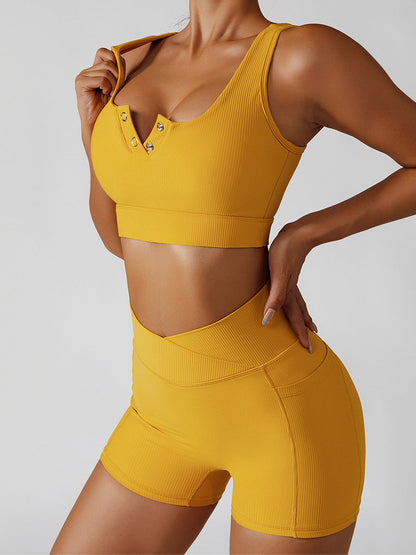 BUYCO Female Pocket Ribbed V-shape Waist Button Short Tracksuits X ANECHKAANNN ⭐