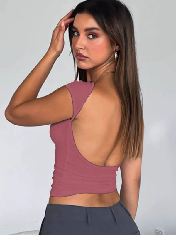 BUYCO Female Solid Color Backless with Chest Pads Short Sleeves