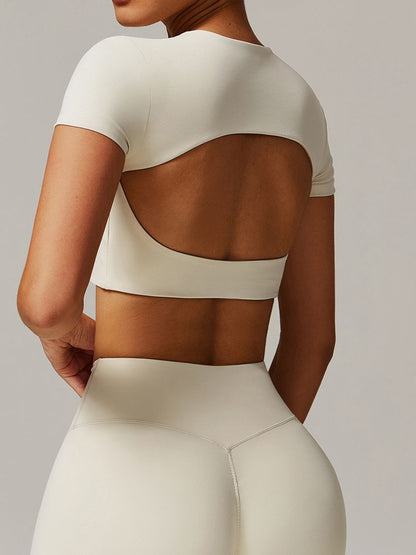 BUYCO Female Solid Color Backless with Pads Cropped Short Sleeves