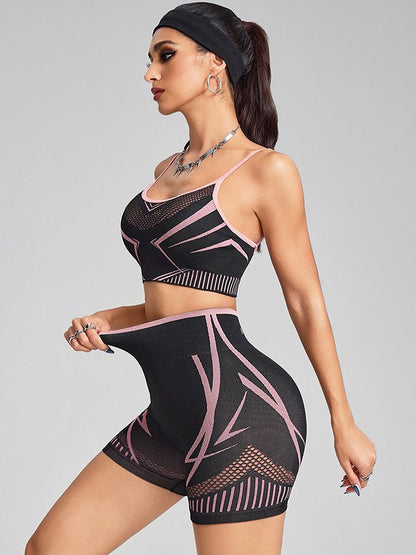 BUYCO Female Fishnet Cross Back Stripes Contrast Color Short Tracksuit