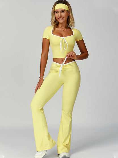 BUYCO Female Contrast Color V-shaped Waist Folds Lace-up Flare Leggings