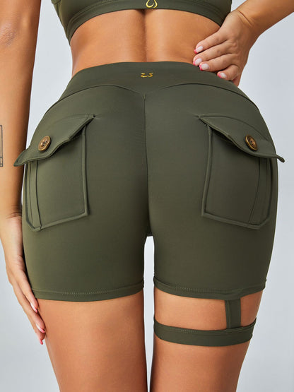 BUYCO Female Unique Cut Out Pocket Mesh Ruched Back Spandex Gym Fit Shorts