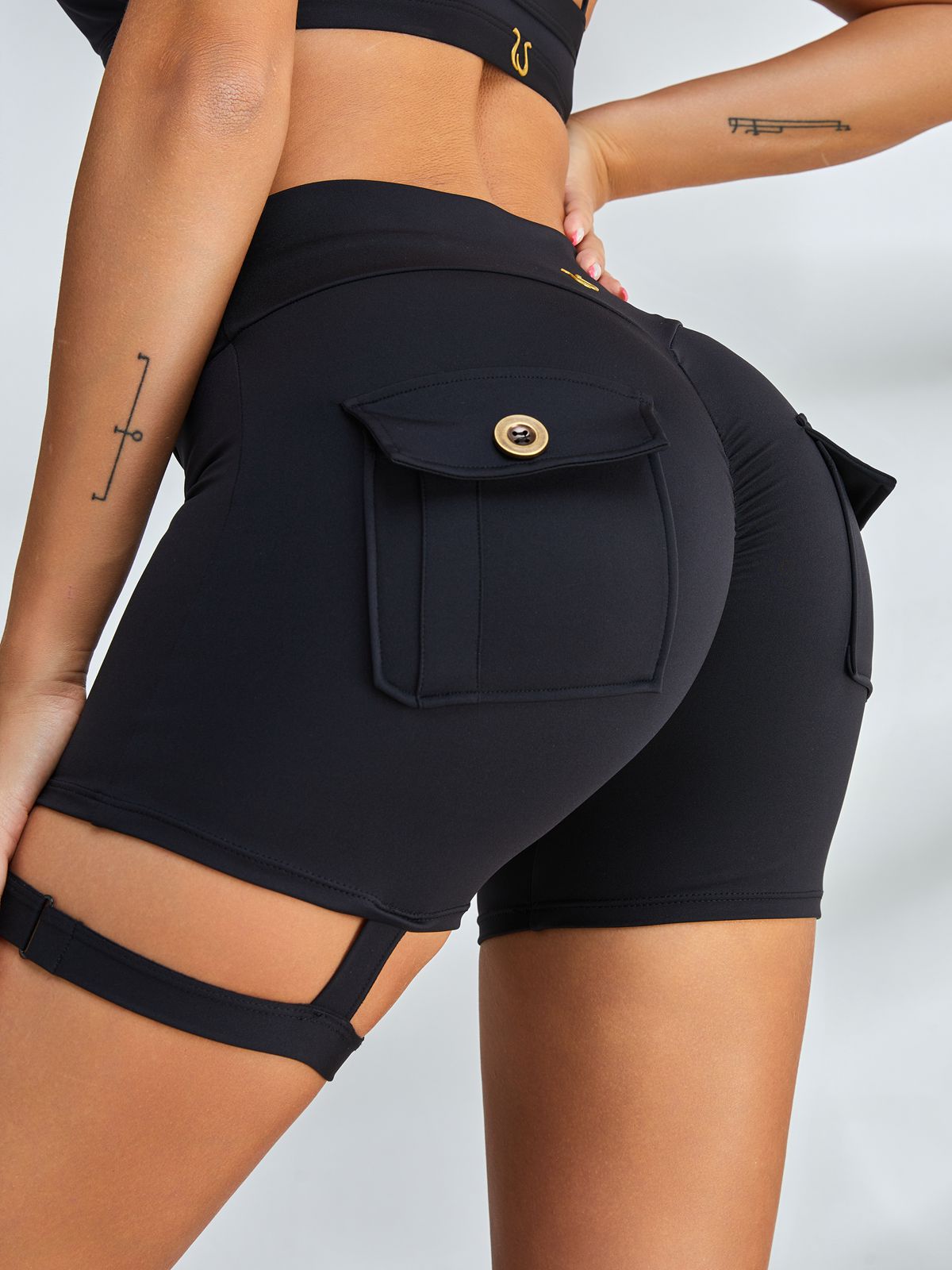 BUYCO Female Unique Cut Out Pocket Mesh Ruched Back Spandex Gym Fit Shorts