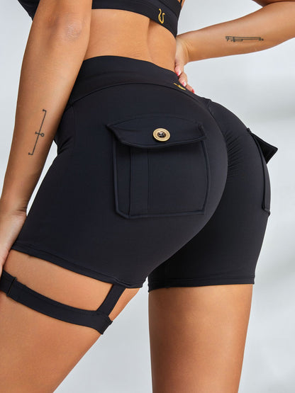 BUYCO Female Unique Cut Out Pocket Mesh Ruched Back Spandex Gym Fit Shorts