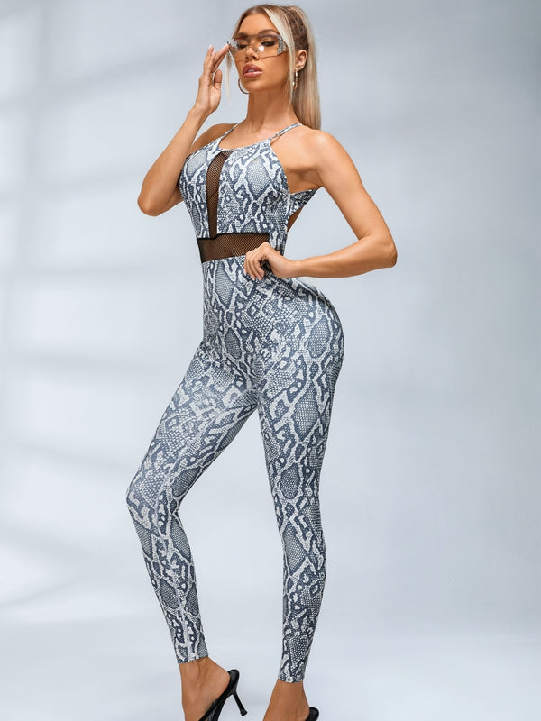 BUYCO Female Fitted Fishnet Snake Print Backless Jumpsuits