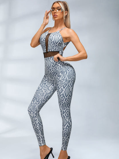 BUYCO Female Fitted Fishnet Snake Print Backless Jumpsuits