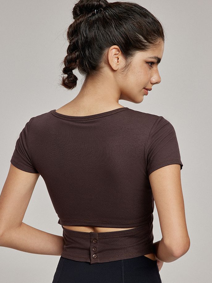 BUYCO Female Hollow Out Backless U Collar Ribbed Short Sleeves