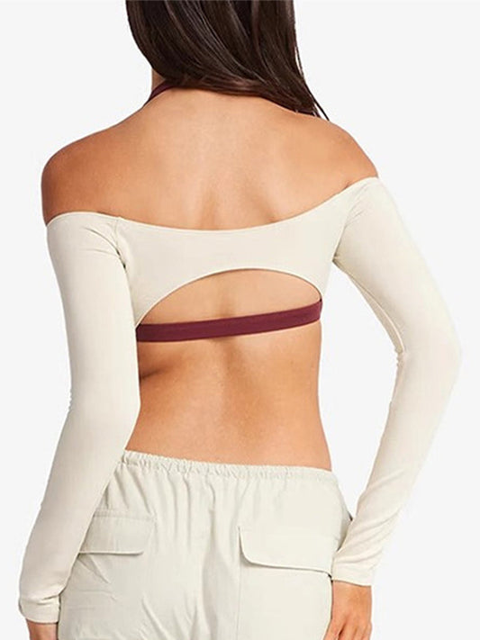 BUYCO Female Fitted Solid Color Backless Elastic Tight Long Sleeves