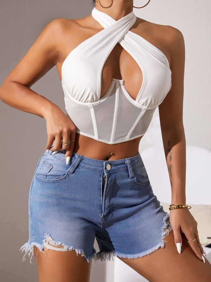 BUYCO Female Fitted Mesh Hollow Out Halter Lace-up Tanks